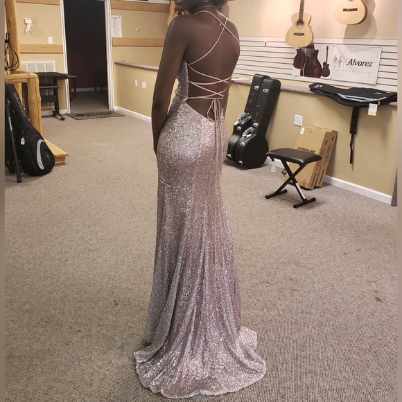 Rose Gold Sequence Prom Dress. pretty long, very light, never altered, worn once - Picture 2 of 2